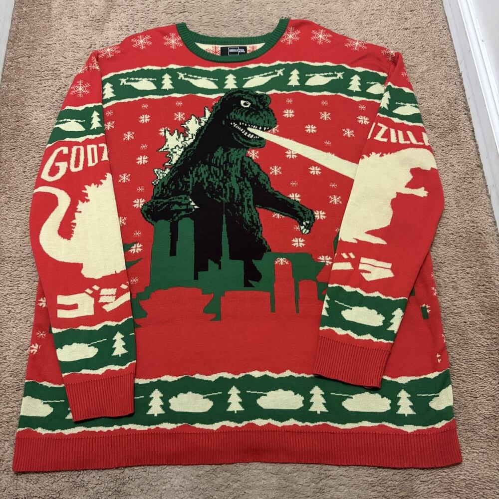 GODZILLA Red Green Acrylic Christmas Sweater Size 2XL Tree Helicopter Rare